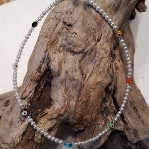 Pearl and Evil Eye Beaded Choker Necklace